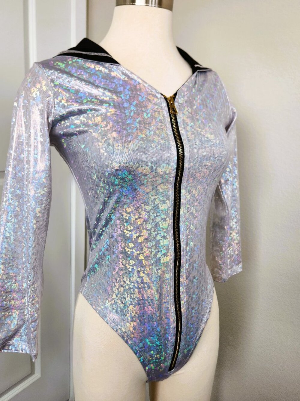 Silver Long Sleeve Hooded Zip Front Bodysuit Size Medium